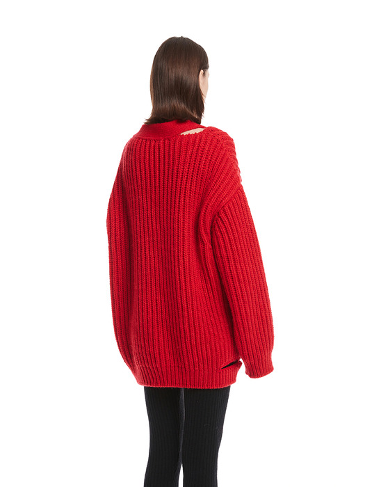 Red Destroyed Knit Cardigan