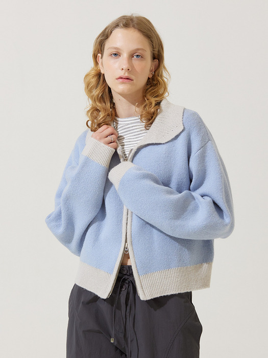 Oui coloring knit zip up cardigan - skyblue