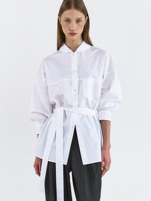 DOLMAN SLEEVE BELT LONG SHIRTS [WHITE][SKYBLUE]