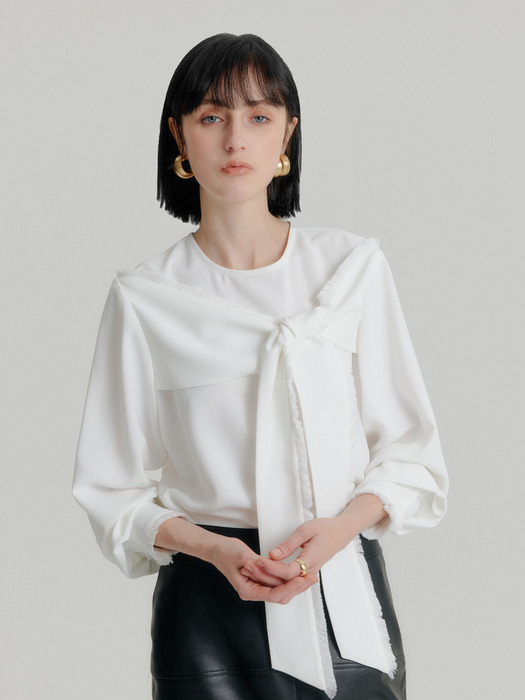 UNBALANCED SHOULDER TIED FRINGE BLOUSE - WHITE