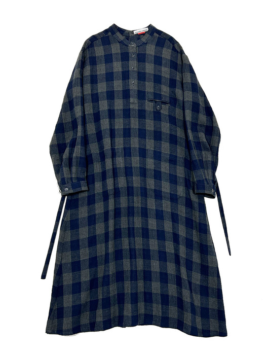 Back buttoned A-line check dress-Navy gray