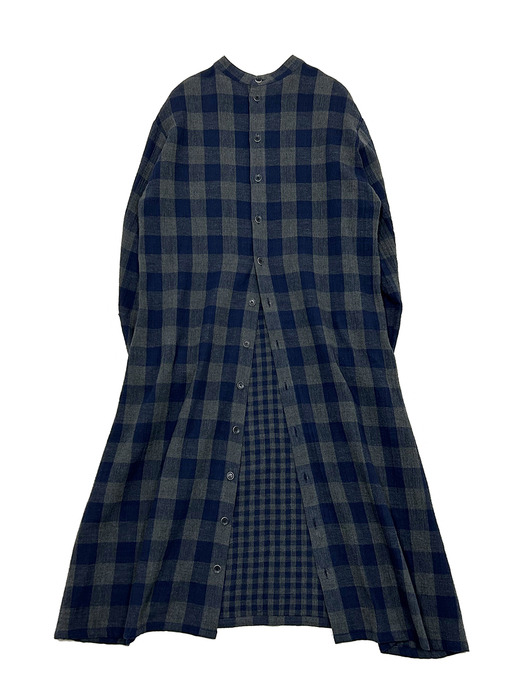 Back buttoned A-line check dress-Navy gray