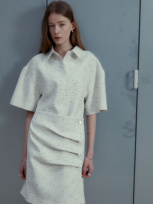 VALERY Tweed Draped Shirt Dress [Japan Fabric]_Ivory Tweed