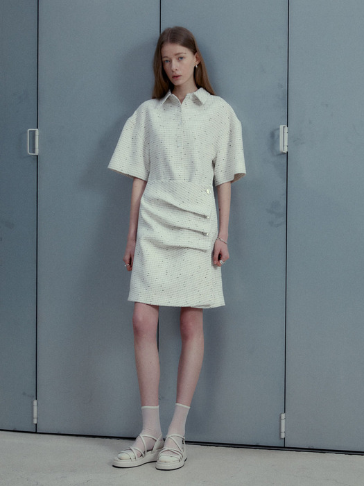 VALERY Tweed Draped Shirt Dress [Japan Fabric]_Ivory Tweed