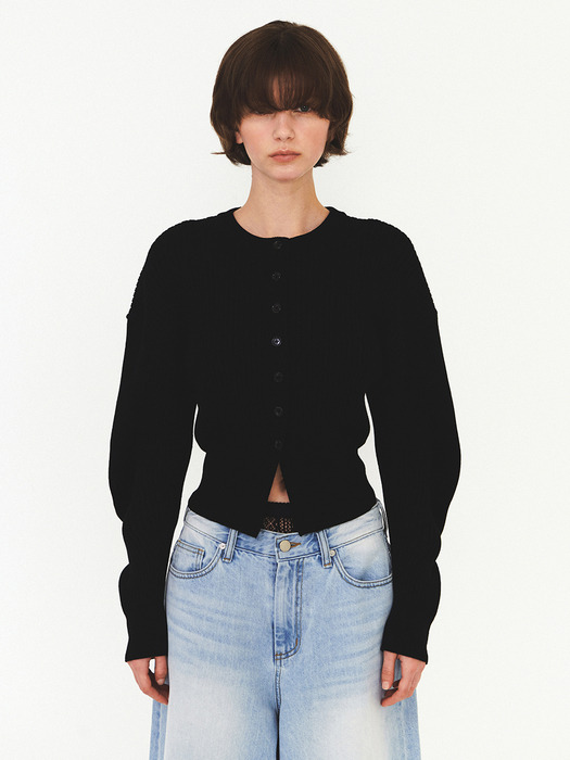 ROUND SILHOUETTE RIBBED CARDIGAN (black)