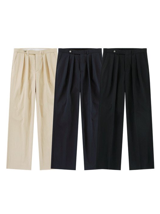 [Easy line] Cotton Two Pleated Wide Chino Pants (Dark navy)