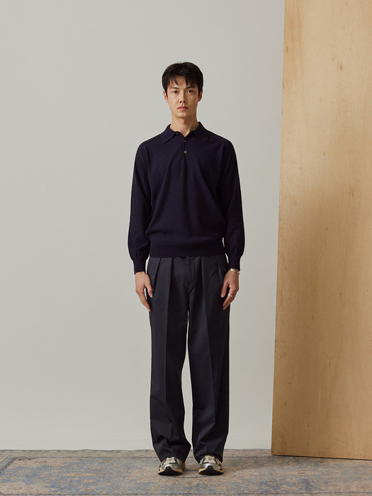 [Easy line] Cotton Two Pleated Wide Chino Pants (Dark navy)
