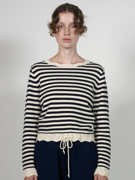 Via Mac stripe knit lace top (Navy stripe)