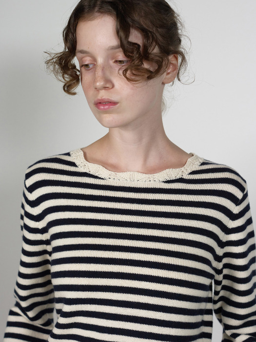 Via Mac stripe knit lace top (Navy stripe)