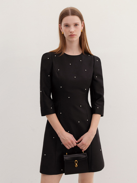 XYLA Round neck pearl decorated mini dress (Black)