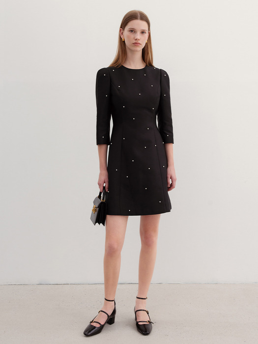 XYLA Round neck pearl decorated mini dress (Black)