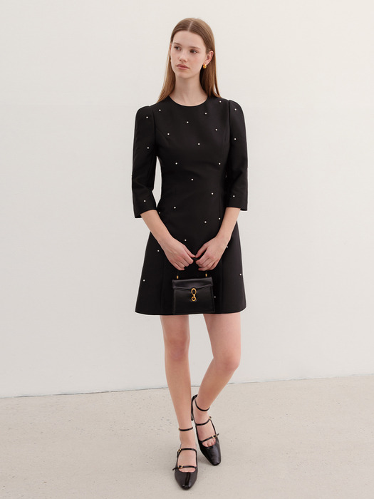 XYLA Round neck pearl decorated mini dress (Black)