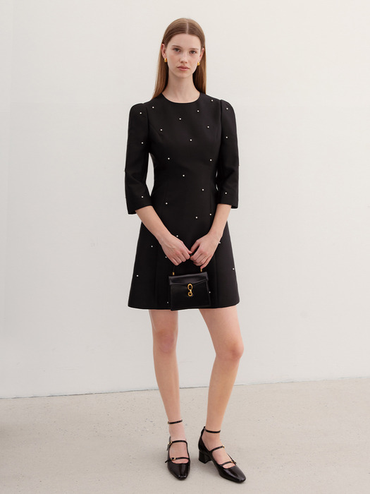 XYLA Round neck pearl decorated mini dress (Black)