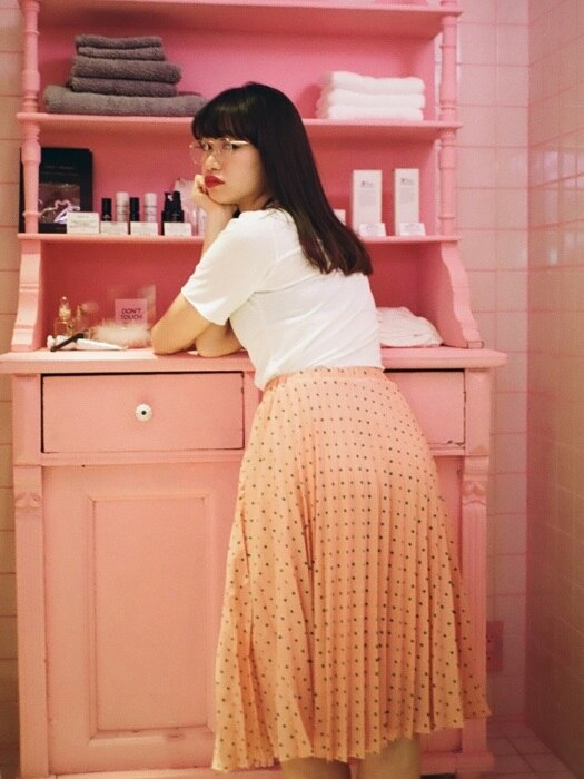 Dots Pleats Skirt (Pink)