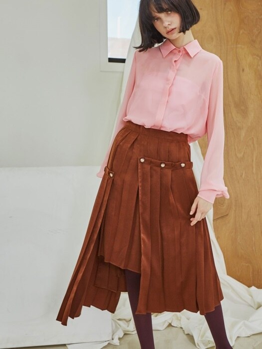 Layered Button Pleats Skirt_Brown