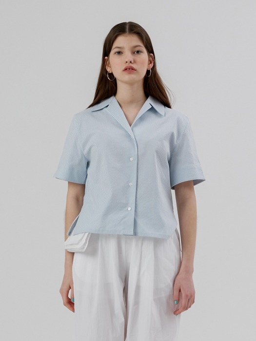 Crop Half Sleeve Open Shirt [Light Blue Stripe]