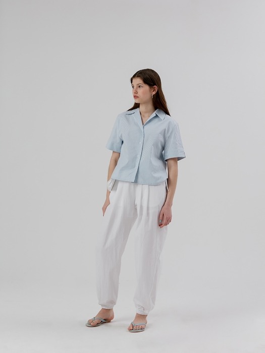 Crop Half Sleeve Open Shirt [Light Blue Stripe]