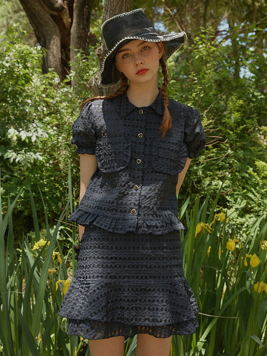 Heart button check blouse_navy + Check layered skirt_navy