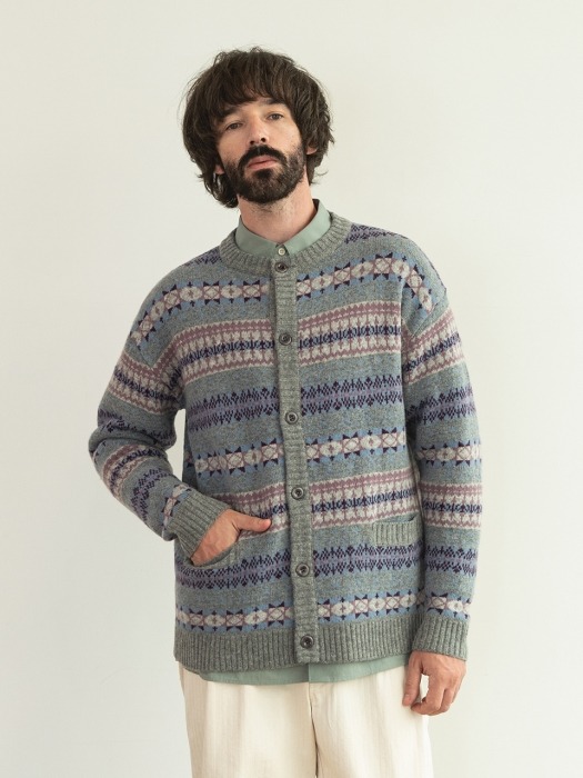 Grandma Fairisle Cardigan (Grey Blue)