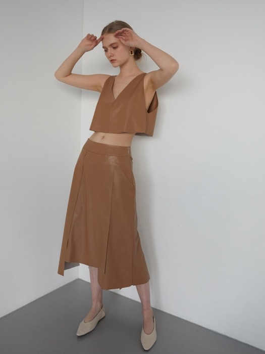 panelled vegan leather skirt_sand