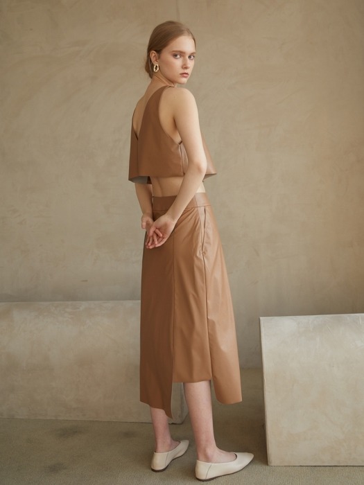 panelled vegan leather skirt_sand