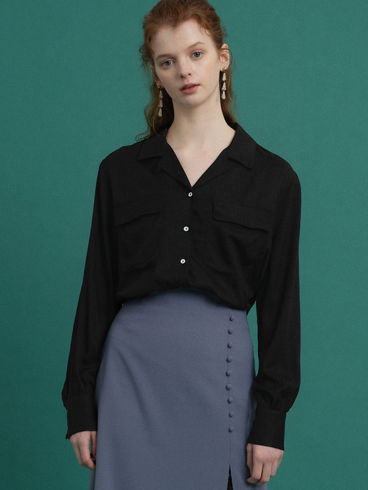 monts 1069 tencel open collar blouse (black) 