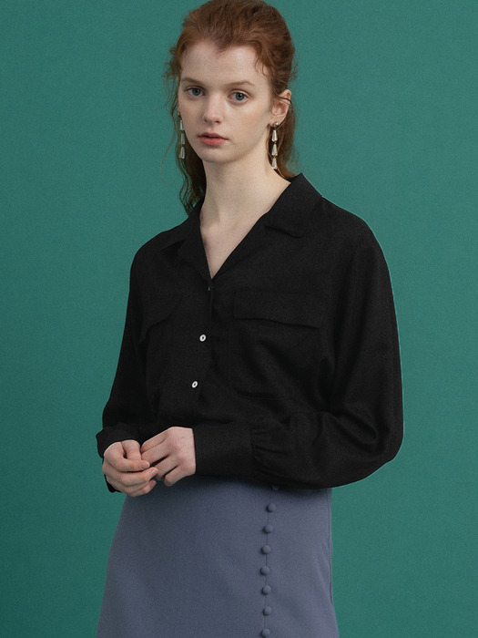 monts 1069 tencel open collar blouse (black) 