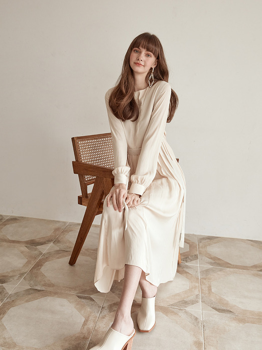 Layer Shirring Satin Dress, Beige