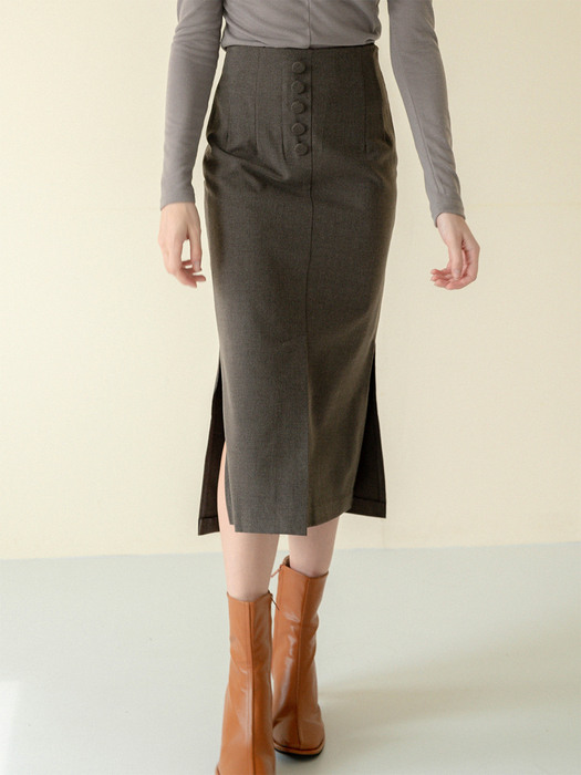 Wool Unbalance Slit Button Midi Skirt Charcoal Brown