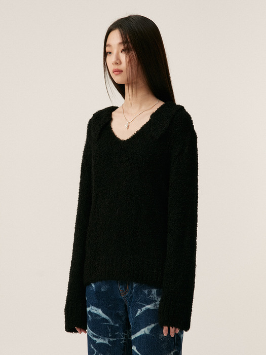 COLLARED FLUFFY KNIT TOP, BLACK