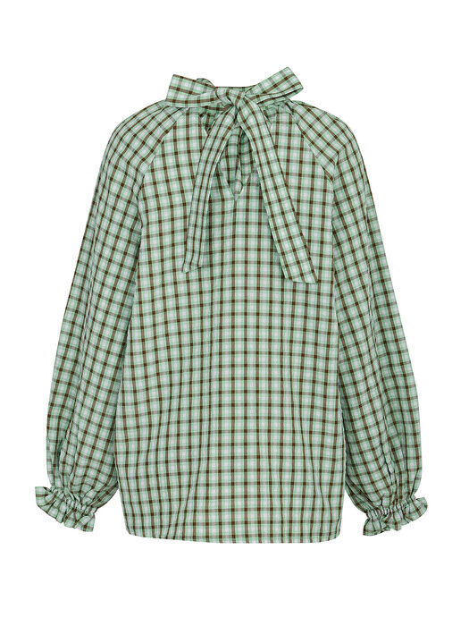 BACK RIBBON HIGH NECK CHECK BLOUSE_GREEN (EEOO1BLR03W)