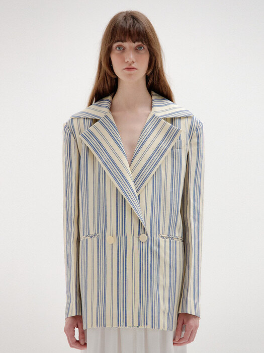 SAVOY Oversize-Collared Jacket - Ivory/Blue Stripe
