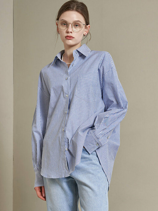 SI TP 5019 Oversized Cotton Shirt_Cobalt stripe