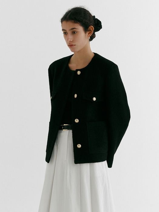 SET UP - Boucle round wool jacket_BLACK