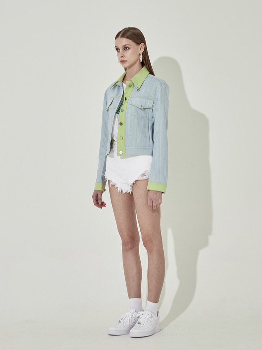 Block Cropped Denim Jacket [Green&Light Blue]