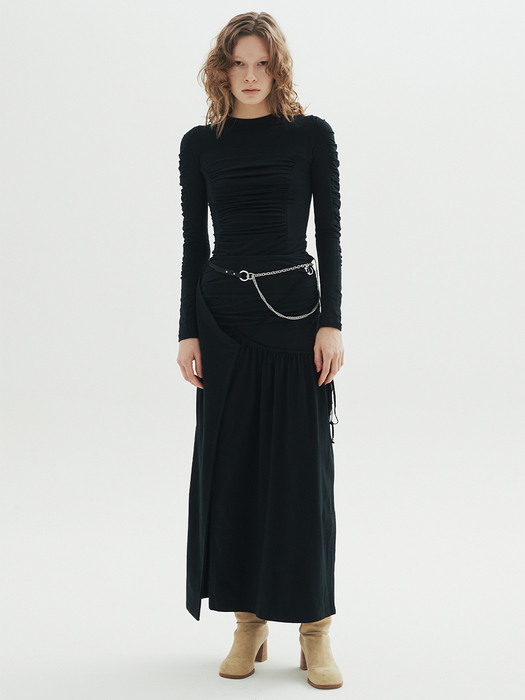 RUCHED WRAP MAXI SKIRT, BLACK