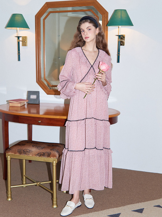 Lace Point Chiffon Long Dress_ Pink