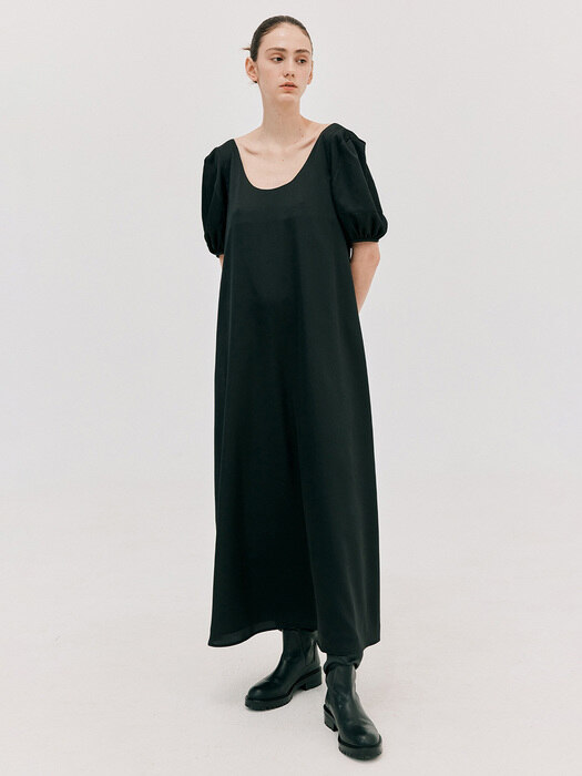 Puff Sleeve Long Dress_Black