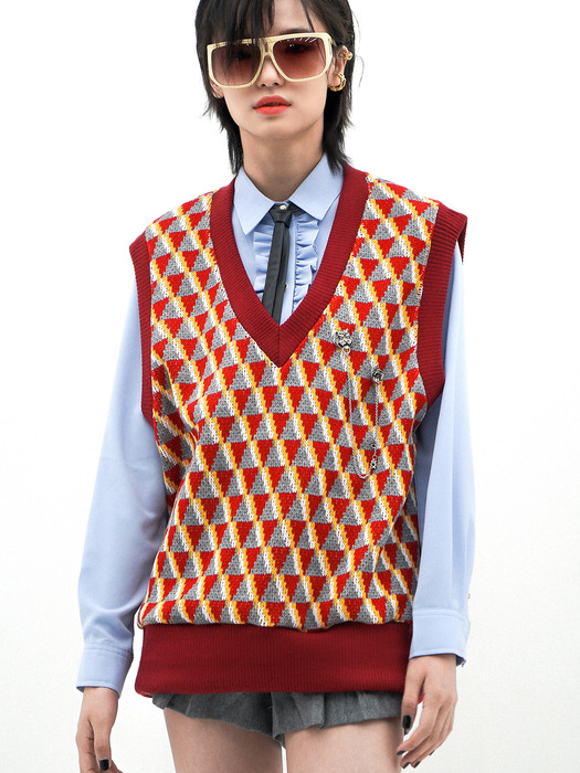 Geometric-Jacquard Oversized Sweater Vest[Red(UNISEX)]_UTW-FC16 