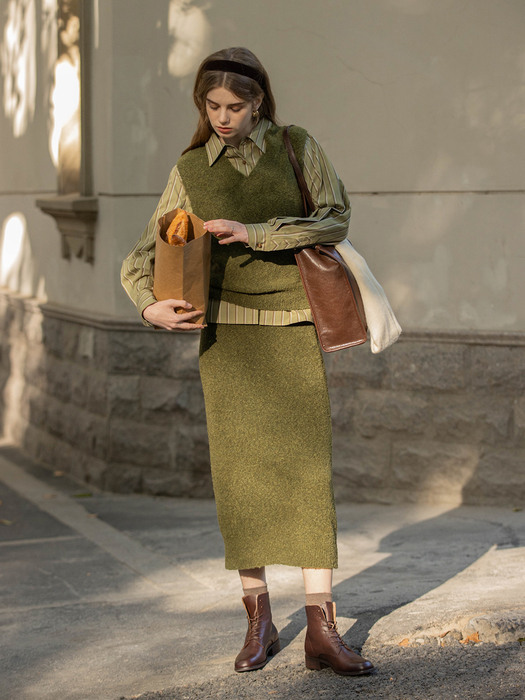 PAULA woolen knit skirt_CEDAR GREEN