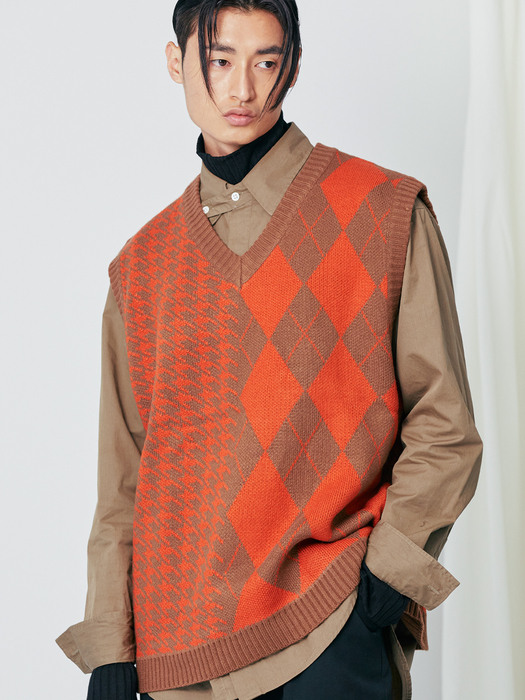 Argyle & hound check knit vest orange