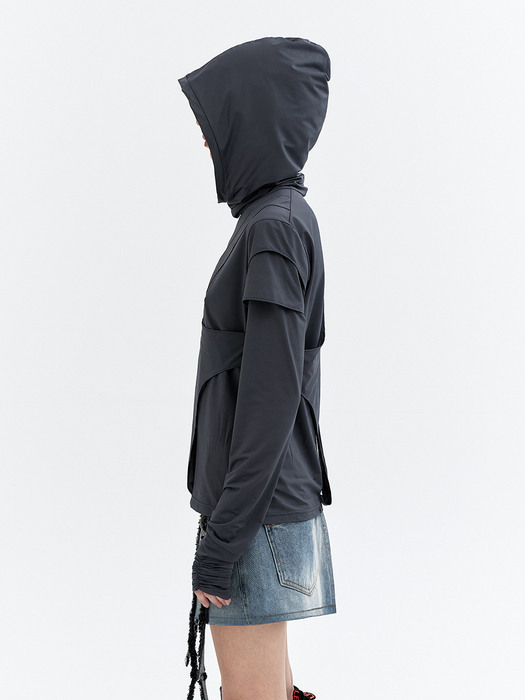 CUFFS SHIRRING LAYERED HOODED TOP GRAY