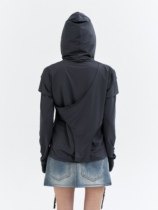 CUFFS SHIRRING LAYERED HOODED TOP GRAY
