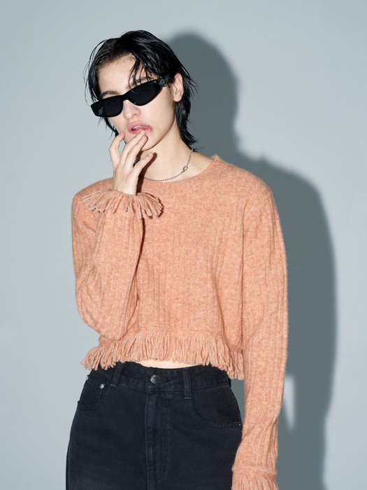 RIBBED-KNIT FRINGED PULLOVER(CORAL)