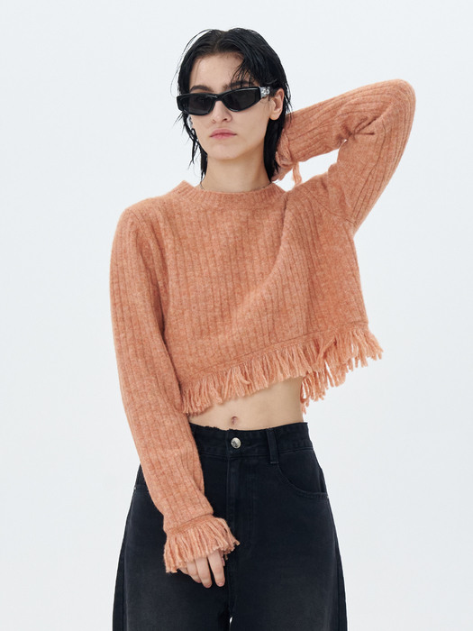 RIBBED-KNIT FRINGED PULLOVER(CORAL)