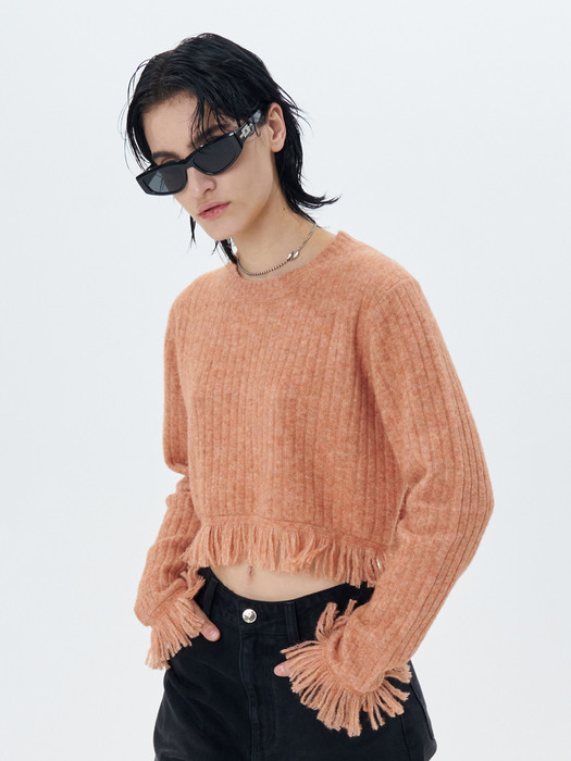 RIBBED-KNIT FRINGED PULLOVER(CORAL)