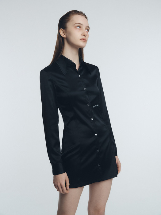 Satin Shirt Mini Dress, Black