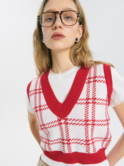 TARTAN CHECK KNIT VEST_RED