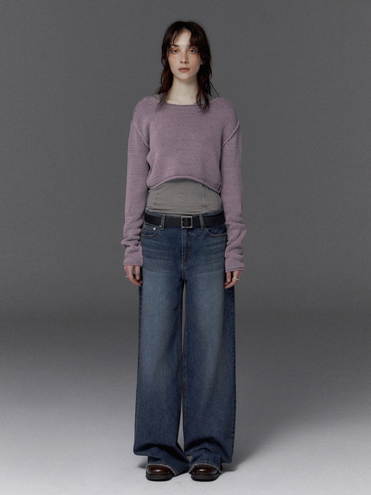 DYING WASH CROPPED LONG SLLEVE KNIT, L/PURPLE