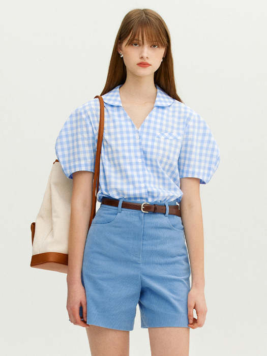 PUNALUU Puff sleeve round collar shirt (Blue gingham check)